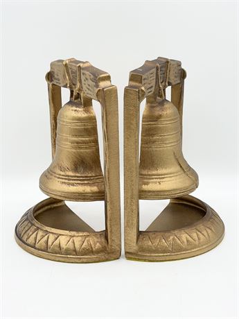 Heavy Cast Metal Liberty Bell Bookends With A Gold Finish