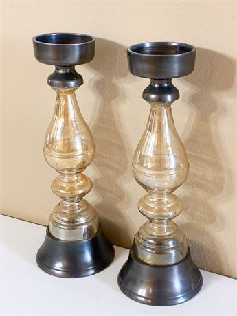 Pair of Metal and Iridescent Glass Candleholders