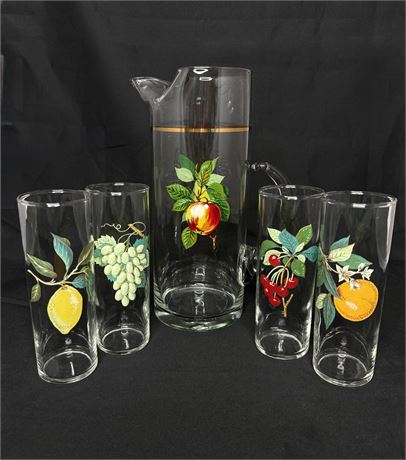 MCM West Virginia Glass Co. Pitcher and Collins Glass Set -Orchard Fruit Pattern