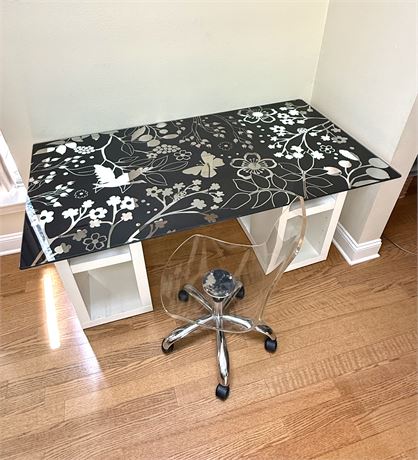 IKEA Glass Top Desk with Clear Acrylic Rolling Chair