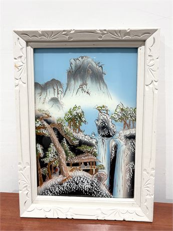 Vtg ~ 3D Asian-Style Reverse Painted Glass ~ Mountain Waterfall Scene