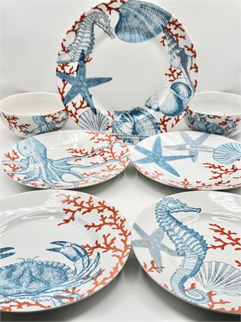 222 FIFTH ~  Coastal Life Grenade ~ 14 Piece Miscellaneous Dinnerware Set