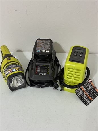 RYOBI ~ 18V Work Light, Inflator, Battery Pack & Battery Charger