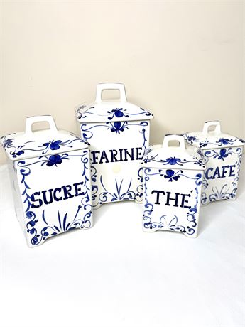 Vintage Set of Blue and White French Jay Willfred Ceramic Canisters