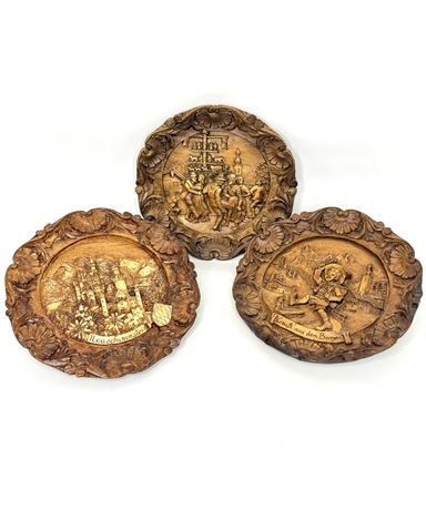 Set of 3 Hand Carved German Wood Wall Plaques