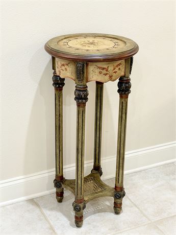 Carved & Painted Wooden Accent Table With Cane Shelf