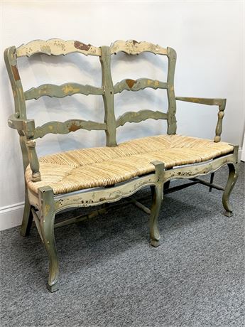 Vtg. Rustic French Country Style Rush Seat Settee
