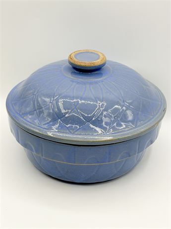 Vtg. Blue Glazed Stoneware Covered Casserole Dish