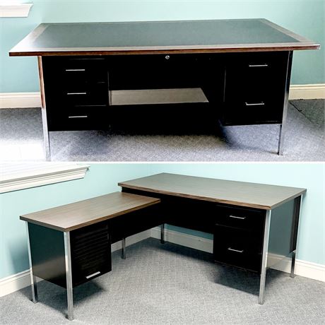 Pair (2) ~ Metal Framed Desk With Faux Wood Tops