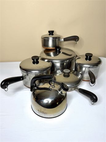 Vintage Revere Ware Copper Bottom Stainless Steel Cookware Set - 11 Pieces