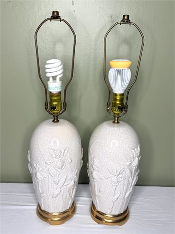 Set of 2 White Ceramic Lamps with Crazed Finish and Raised Floral Design
