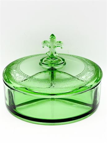 FOSTORIA ~ Royal Green ~ 3-Part Candy Dish With Lid