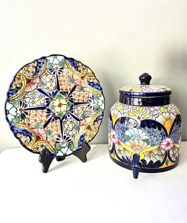 2 Piece Mexican Talavera Pottery Set - Platter and Water Crock with Spigot