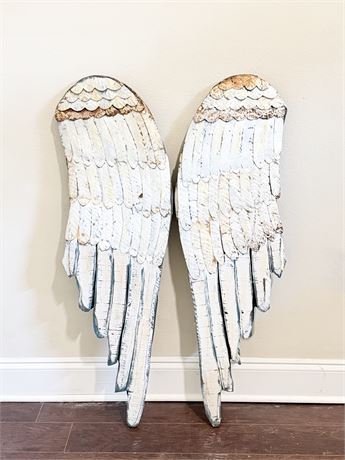 Pair (2) Distressed Wood & Metal Angel Wings Wall Decor