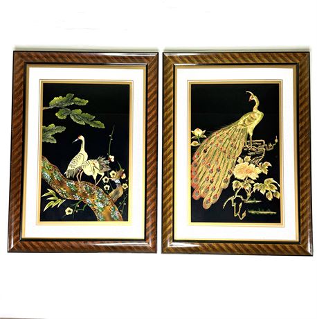 Vintage Asian Framed Egret and Peacock Artwork