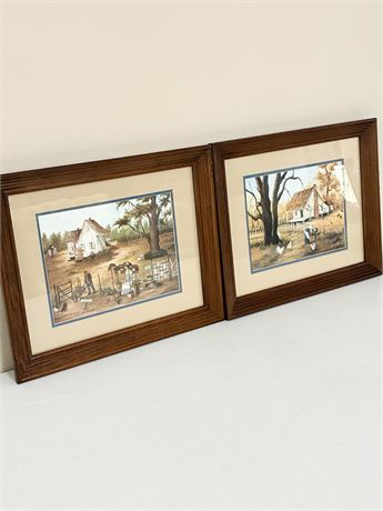 JOYCE BEDELL ~ Pair (2) of Matted & Framed Original Folk Art Print