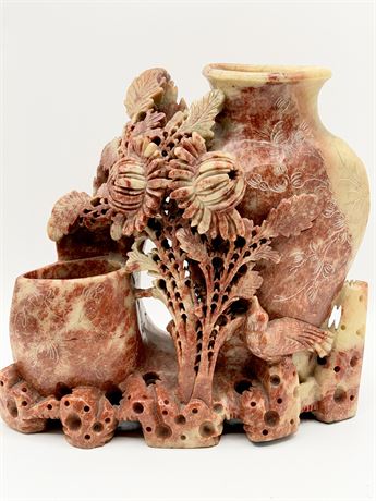 Chinese Soapstone Floral Carving Display Vase