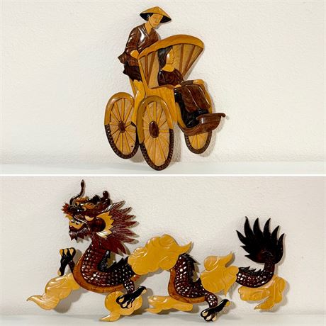 Pair (2) Hand Carved Wood Artwork From Vietnam