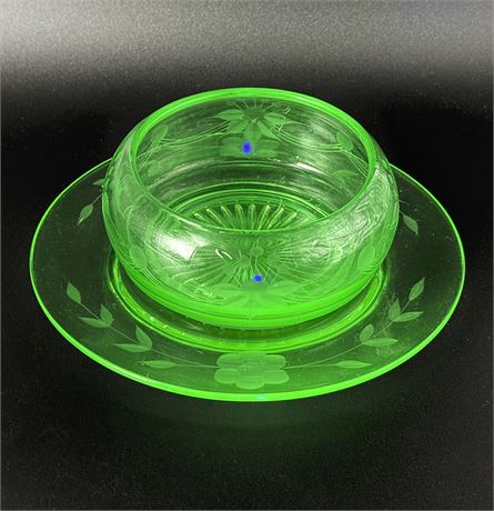 Vintage Uranium Glass Small Floral Etched Bowl and Plate