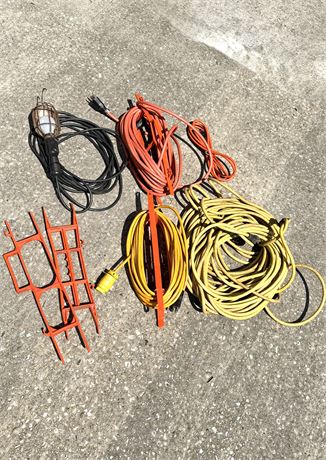Lot of 4 Extension Cords, a Portable Work Light and 3 Extension Cord Winders