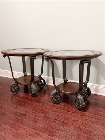 Pair (2) ~ Wooden Side Tables With Metal Accents & Beveled Glass Tops