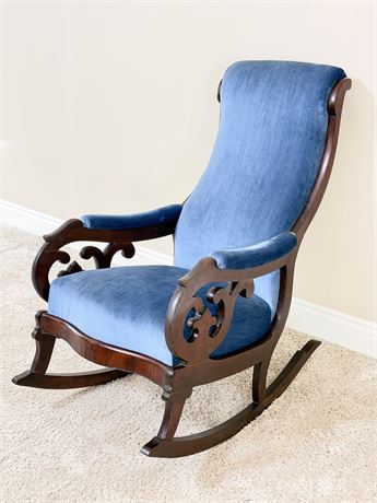 Solid Carved Wood Rocking Chair With Nailhead Trim & Blue Velvet Upholstery