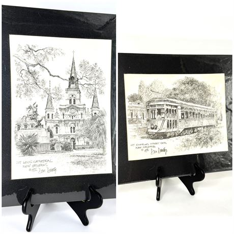 Set of 1976 Don Davey Sketches - St. Louis Cathedral & New Orleans Street Car