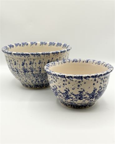 MARKET CENTRE ~ Set of 2 Blue Folk Craft Spongeware Mixing Bowl