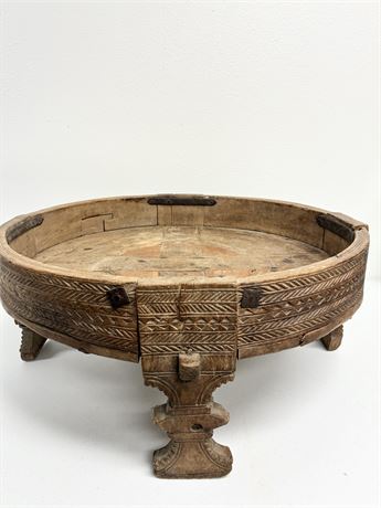 Vintage 26" Round Solid Wood Indian Chakki Table (Grinding or Millstone table)