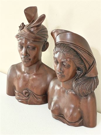 Pair (2) of Hand-Carved Indonesian Balinese Solid Wood Bust Sculpture
