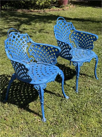 Pair (2) ~ Cast Aluminum Painted Blue Garden Chairs