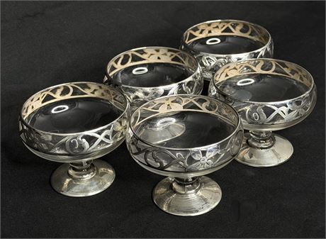 c. 1920s–1930s Art Nouveau / Art Deco Silver Overlay Glass Footed Sherb