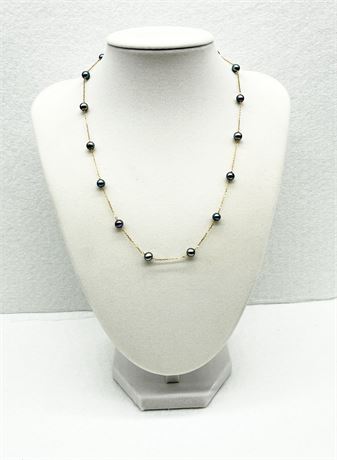 14K GOLD ~ 18" Black Pearl Station Necklace