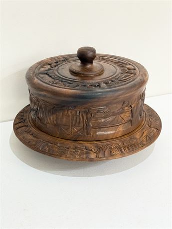 Tiki Style Carved Wood Lazy Susan Cake Stand