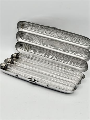 Vtg. Hammered Aluminum Cigar Case With 3 Glass Tube Holders