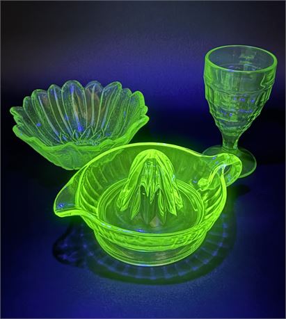 3 Piece Uranium Glass Lot - Juice Reamer, Flower Bowl, Glass