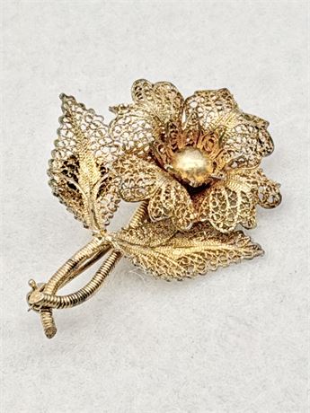 Sterling Silver Vermeil Filigree Flower Brooch
