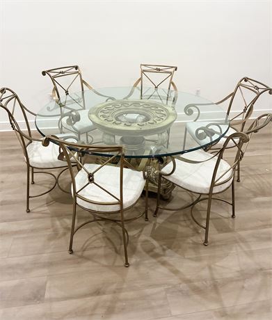 Glass Top Carved Koi Fish Dining Table & 6 Upholstered Metal Chairs