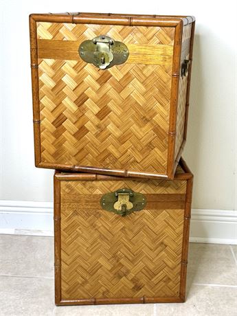 Set of 2 Vintage Chinoiserie Bamboo and Woven Wicker Trunks