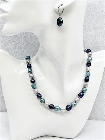 18”  Blue & White Beaded Necklace & Matching Earrings