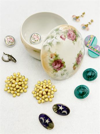 FASHION ~ Earring Lot Of (7) + Porcelain Trinket Box