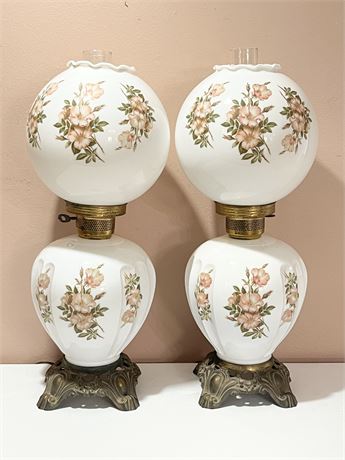 Pair (2) ~ Victorian Double Globe Hurricane Table Lamps