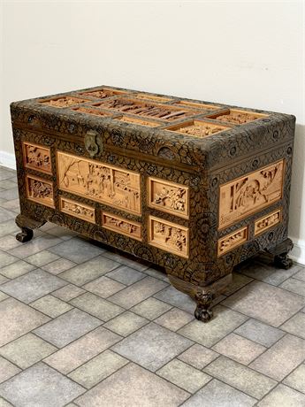 Solid Wood Chest With Intricate Carvings Of Pavilion Landscapes & Clawfeet