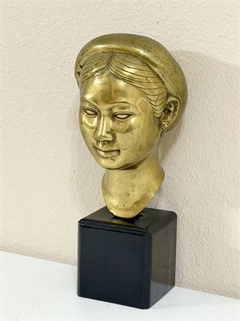 14" Hollow Cast Brass Bust Of A Young Asian Woman