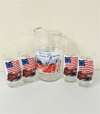 COCA-COLA ~ “First Stars & Stripes” ~ 1976 Glass Pitcher & 4 Tumblers