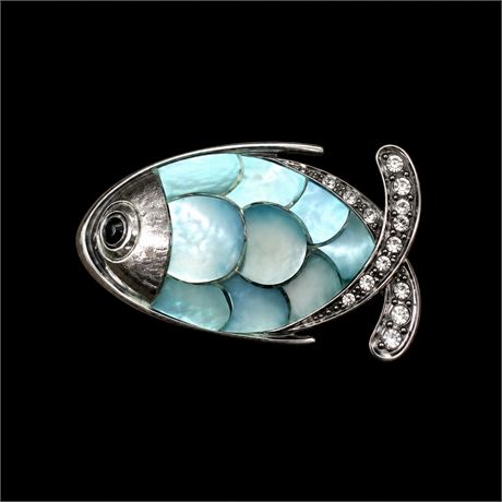 Sterling Silver ~ Iridescent Blue-Green Small Fish-Shaped Brooch