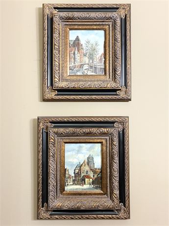 M. STANLEY ~ Pair of European Village Scene Paintings on Canvas