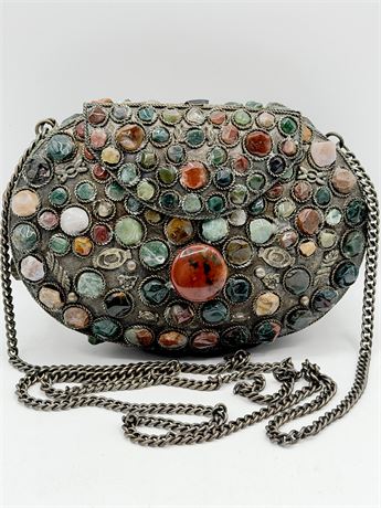 Vtg Handmade Sajai Metal Purse With Natural Stones & Chain Strap
