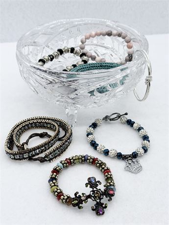 FASHION ~ Lot Of (8) Bracelets & (1) Footed Crystal Dish