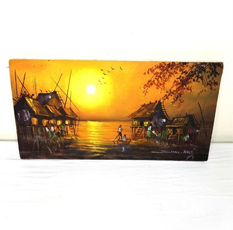 Vtg Original Oil Painting on Canvas - Southeast Asian Fishing Village at Sunset